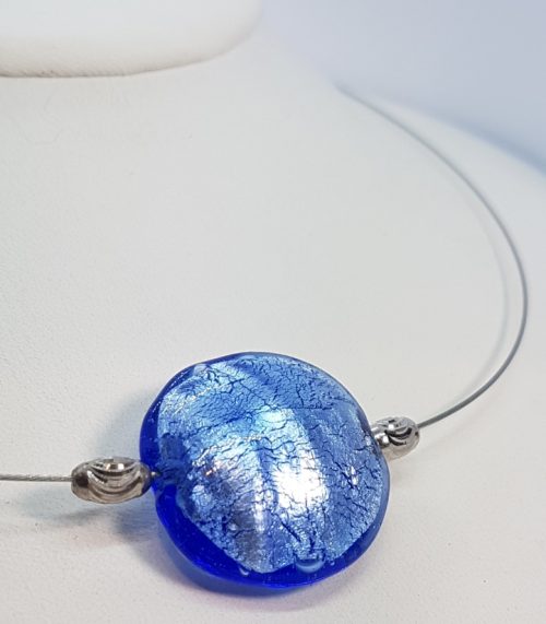 Murano Lens-Sterling SIlver and Steel Pendant Pale Blue 15