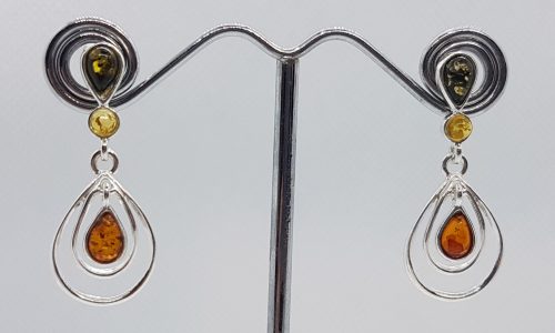 Sterling Silver Earrings with Three colour Natural Amber