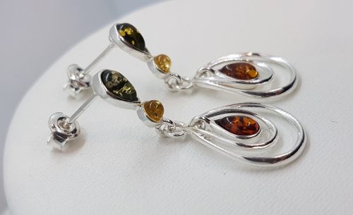 Sterling Silver Earrings with Three colour Natural Amber