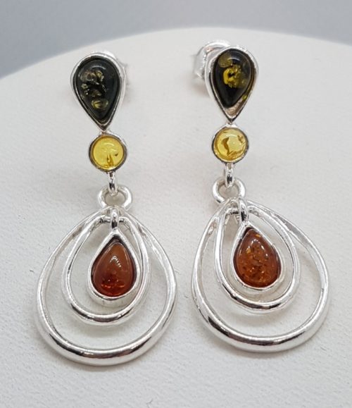 Sterling Silver Earrings with Three colour Natural Amber