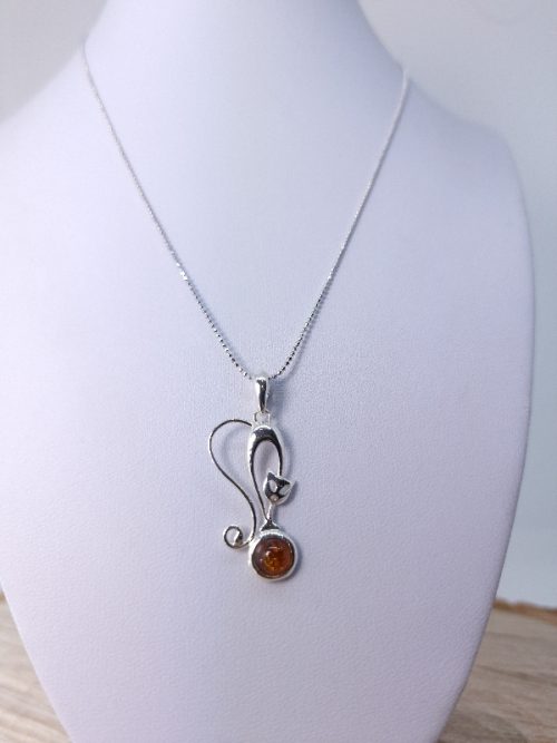 Amber cat and sterling silver pendant