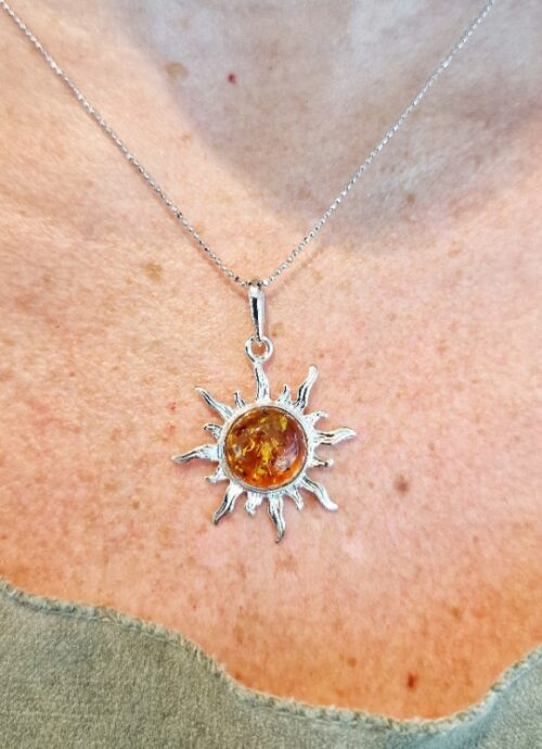 Amber sun pendant - Sterling silver