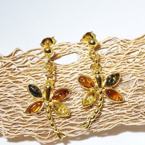 Dragonfly Sterling silver earrings with amber