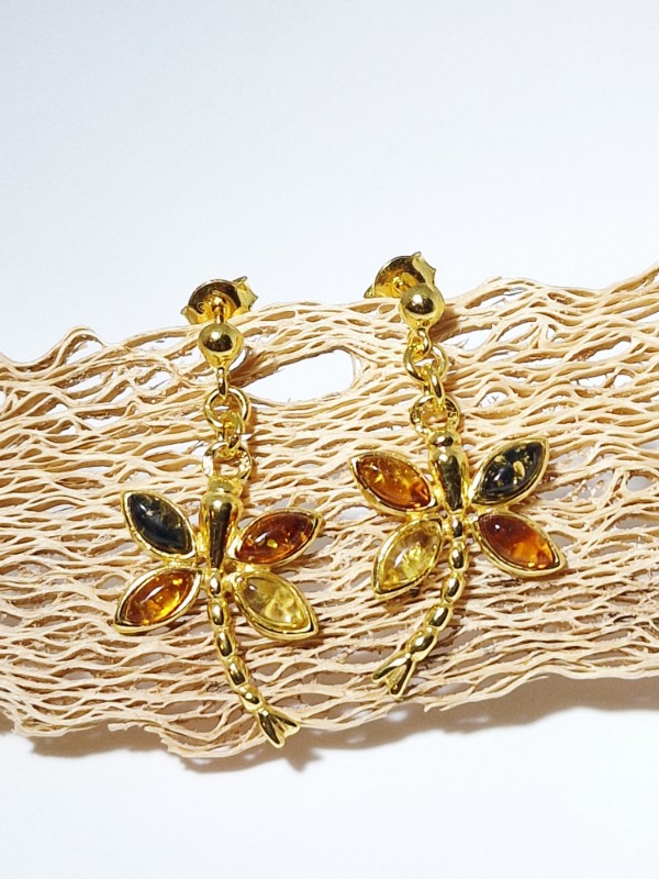 Dragonfly Sterling silver earrings with amber