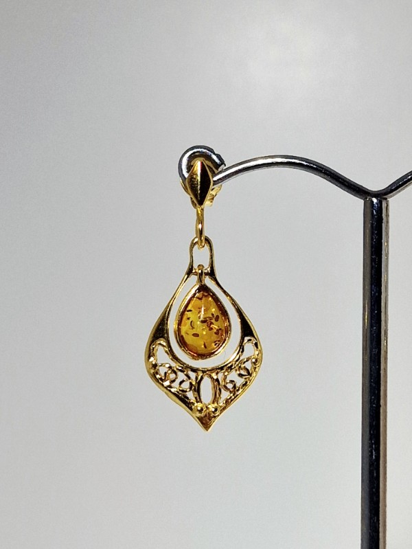 Orecchini Pendenti In Argento 925 Con Ambra Baltica Miele, Design Art Déco, 41 Mm, Regalo In Elegante Scatola.